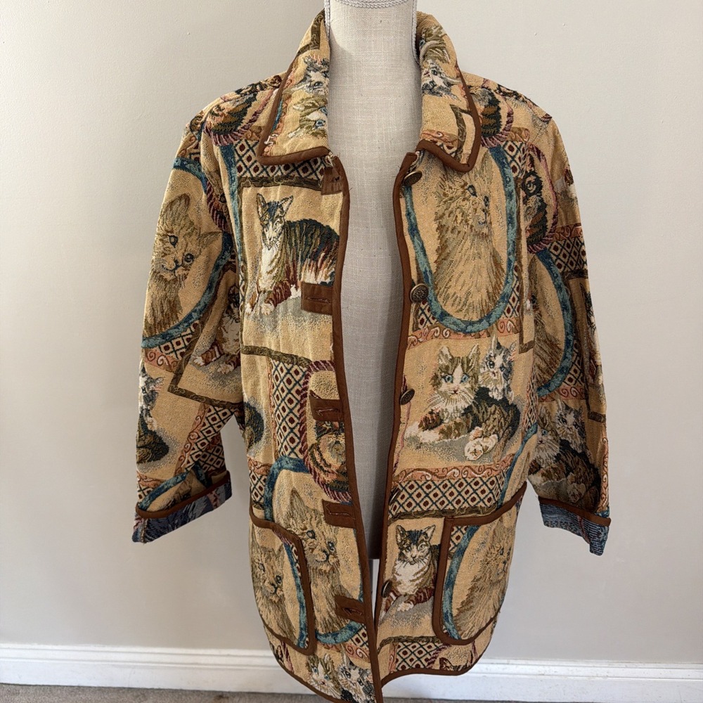 Vtg 90s Blair Novelty‎ Cat Tapestry Jacket Sz XXL Grandmacore Cottagecore Blazer